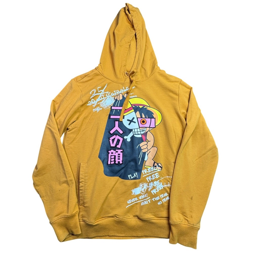 Offbeat Hoodie Mens M Mustard Yellow Graphic Anime Streetwear Everything Is Real